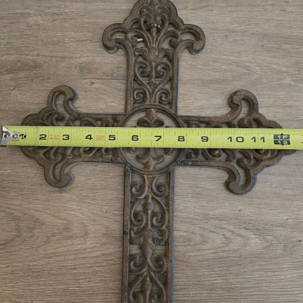 Cast Iron Hanging Cross Scrollwork Rustic Brown Finish Religious Heavy - Picture 7 of 10